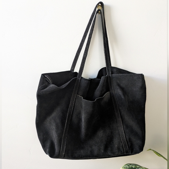 Mango Genuine Suede Black Tote Bag - Picture 1 of 7
